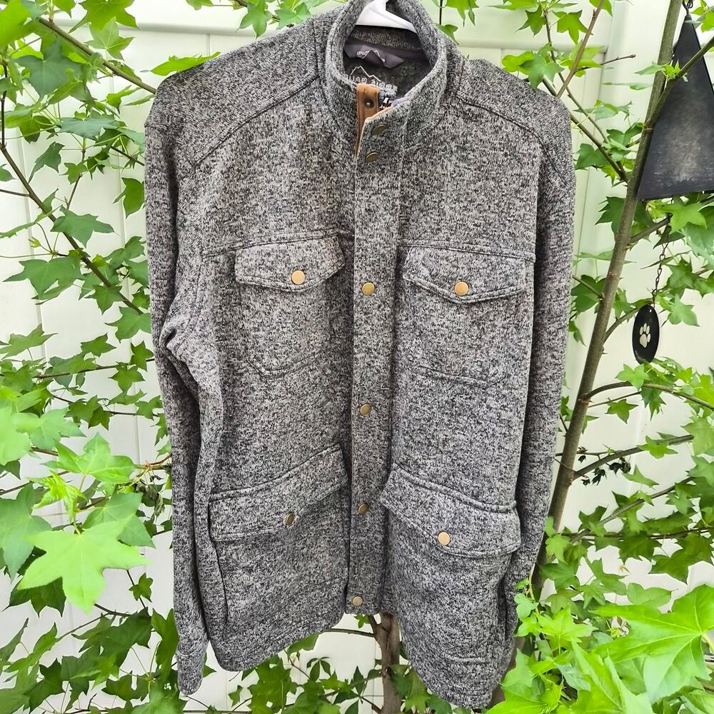 Eddie Bauer Gray Marled Full Zip Fleece Utility Jacket Faux Suede Trim - Sz L